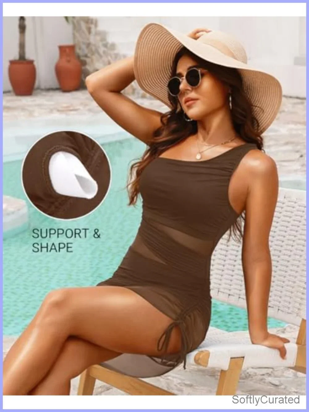 Women One Piece Swim Dress Tummy Control One Shoulder Mesh Cutout Bathing Suit